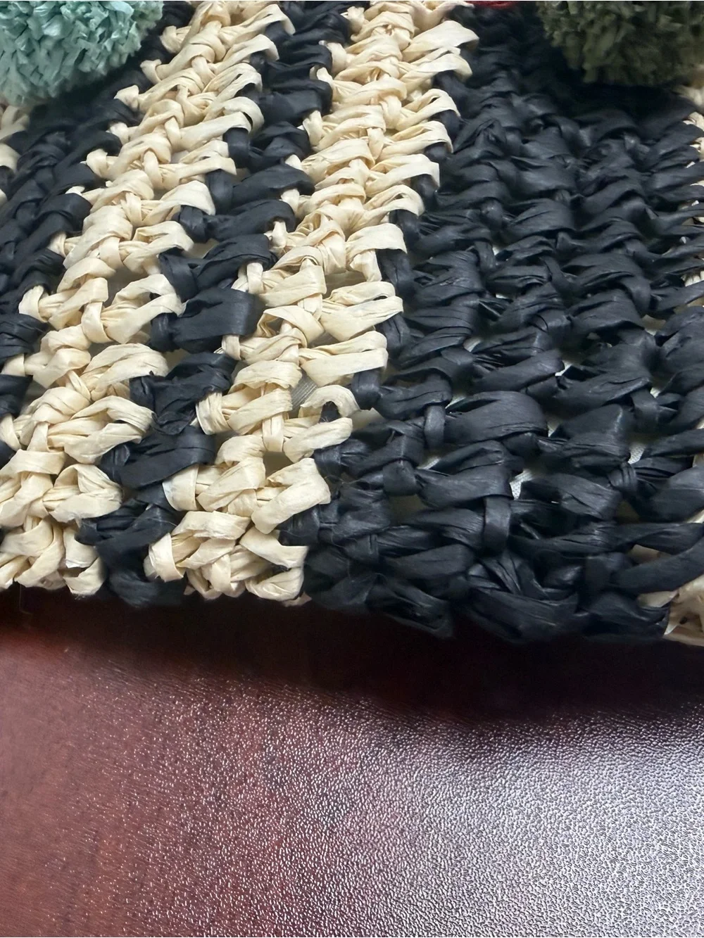 Handwoven Paper Yarn Tote Bag with Colorful Pom-Pome - Cream & Black